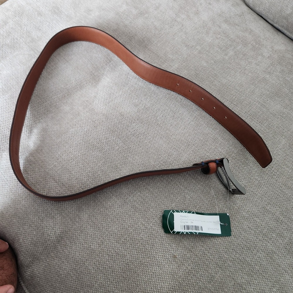 Alesbury Collins Contrast Stitch Tacked Leather Belt Cognac Brown Mens 34